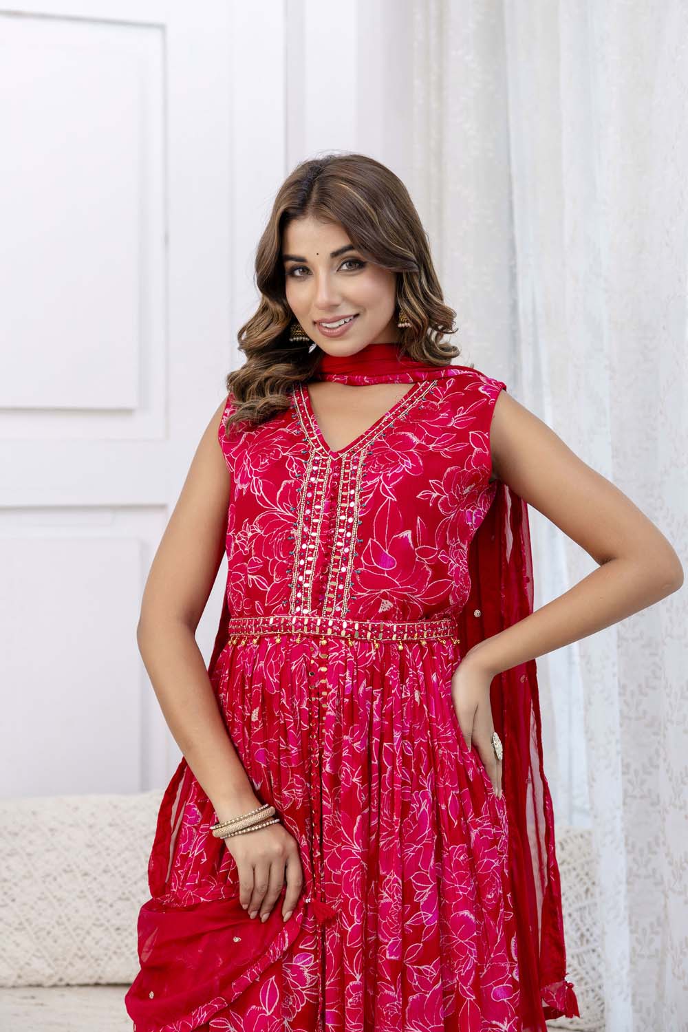 Rani Pink Pure Chinon Printed Poplon Kurti 3 Pieces Set