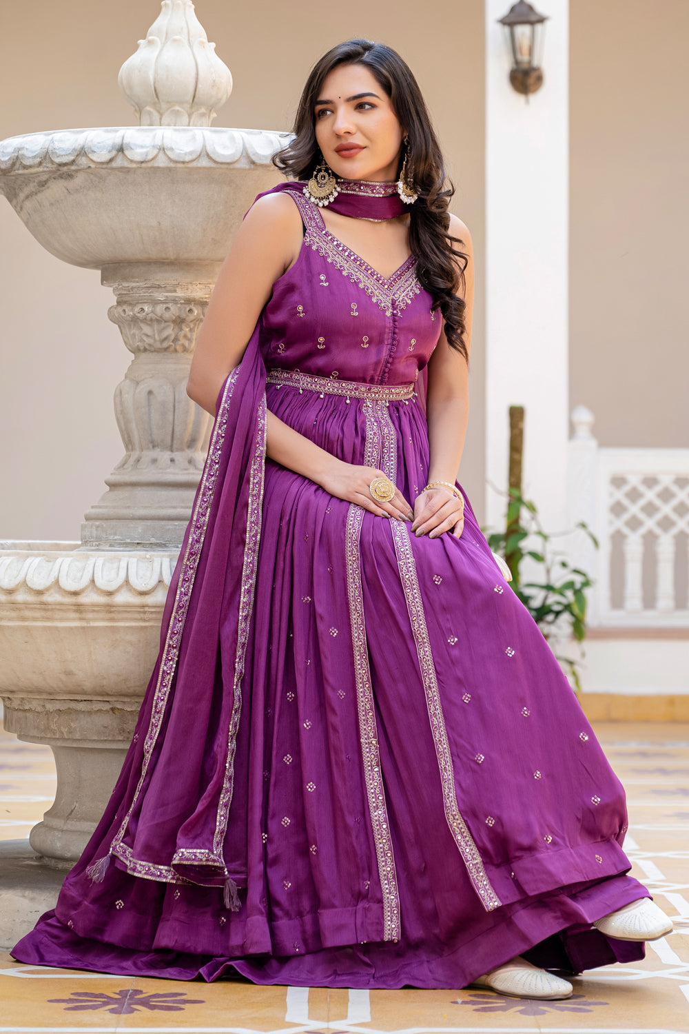 Violet Chinon Front Open Kurti 3 Pieces Set