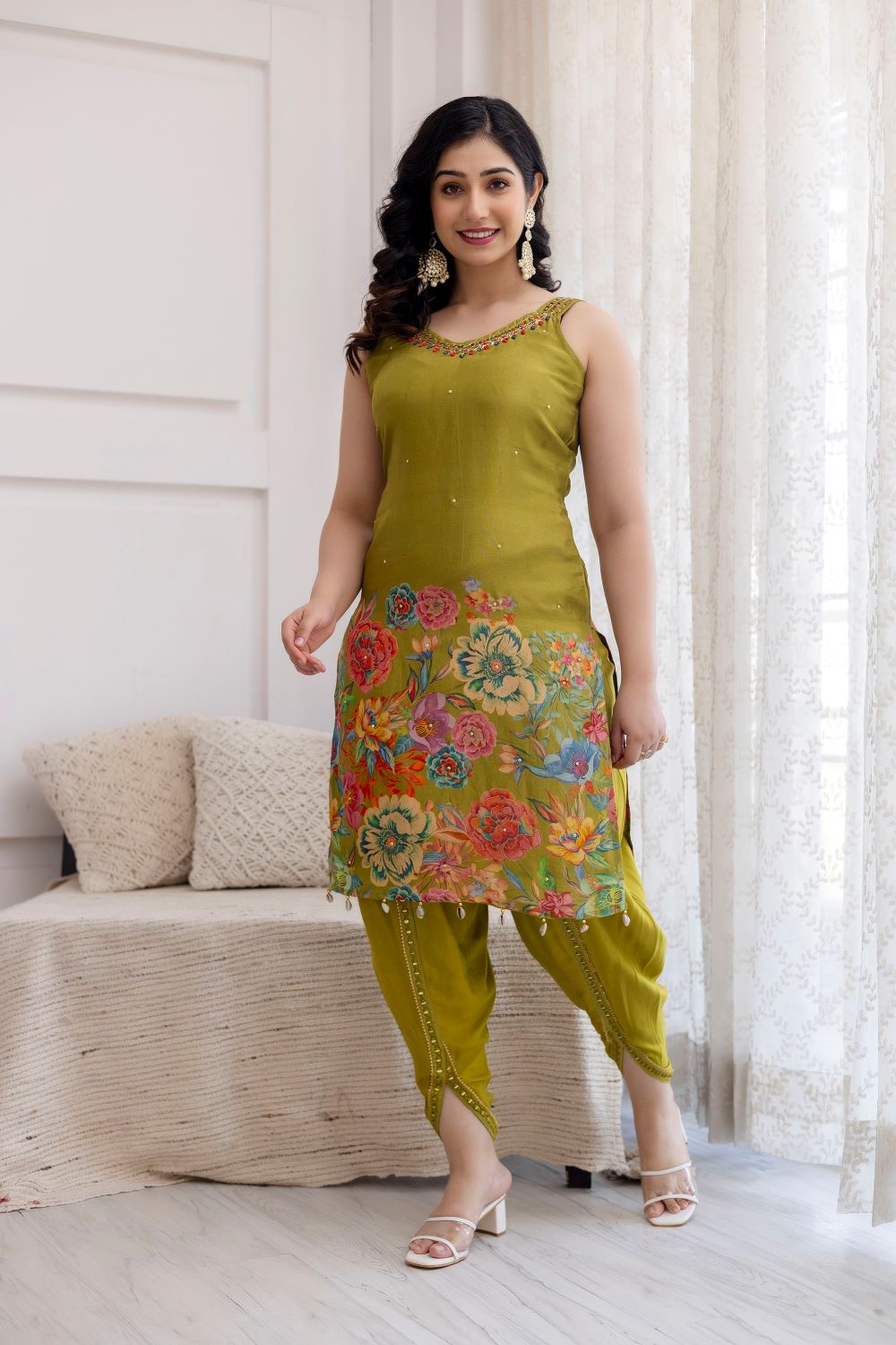 Light Green Strap Kurti With Dhoti And Dupatta