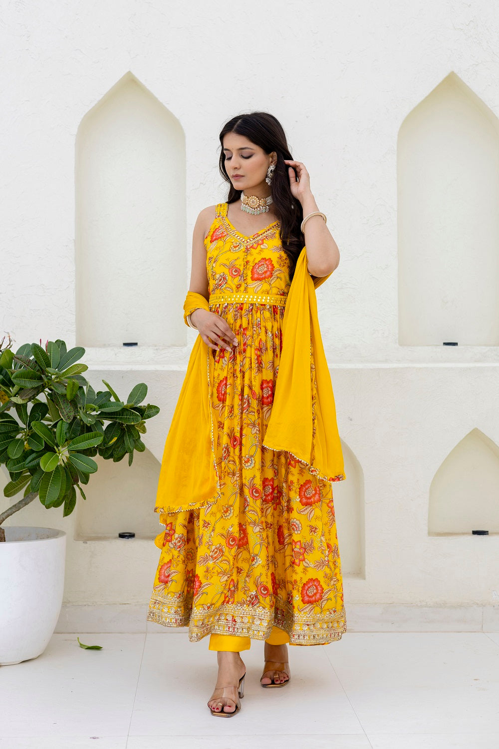 Yellow Chinon Frock Kurti 3 Pieces Set