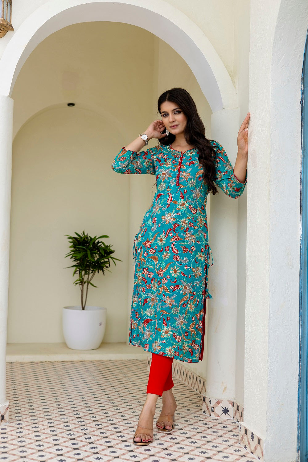 Rama Green Rayon Printed Straight Kurti