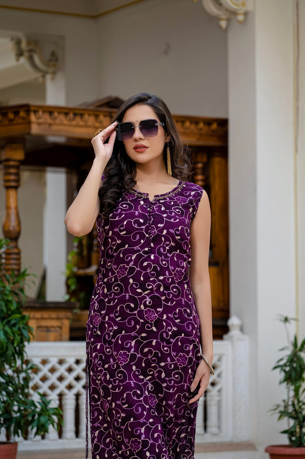 Voilet Printed Partyqueen Straight Cut Kurti