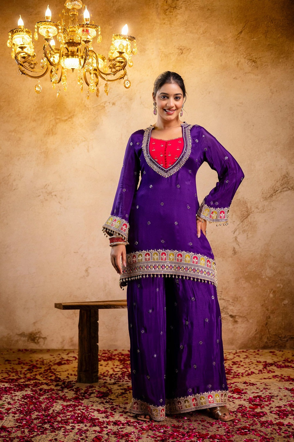 Violet Chinon Kurti Plazo 3 Pieces Set