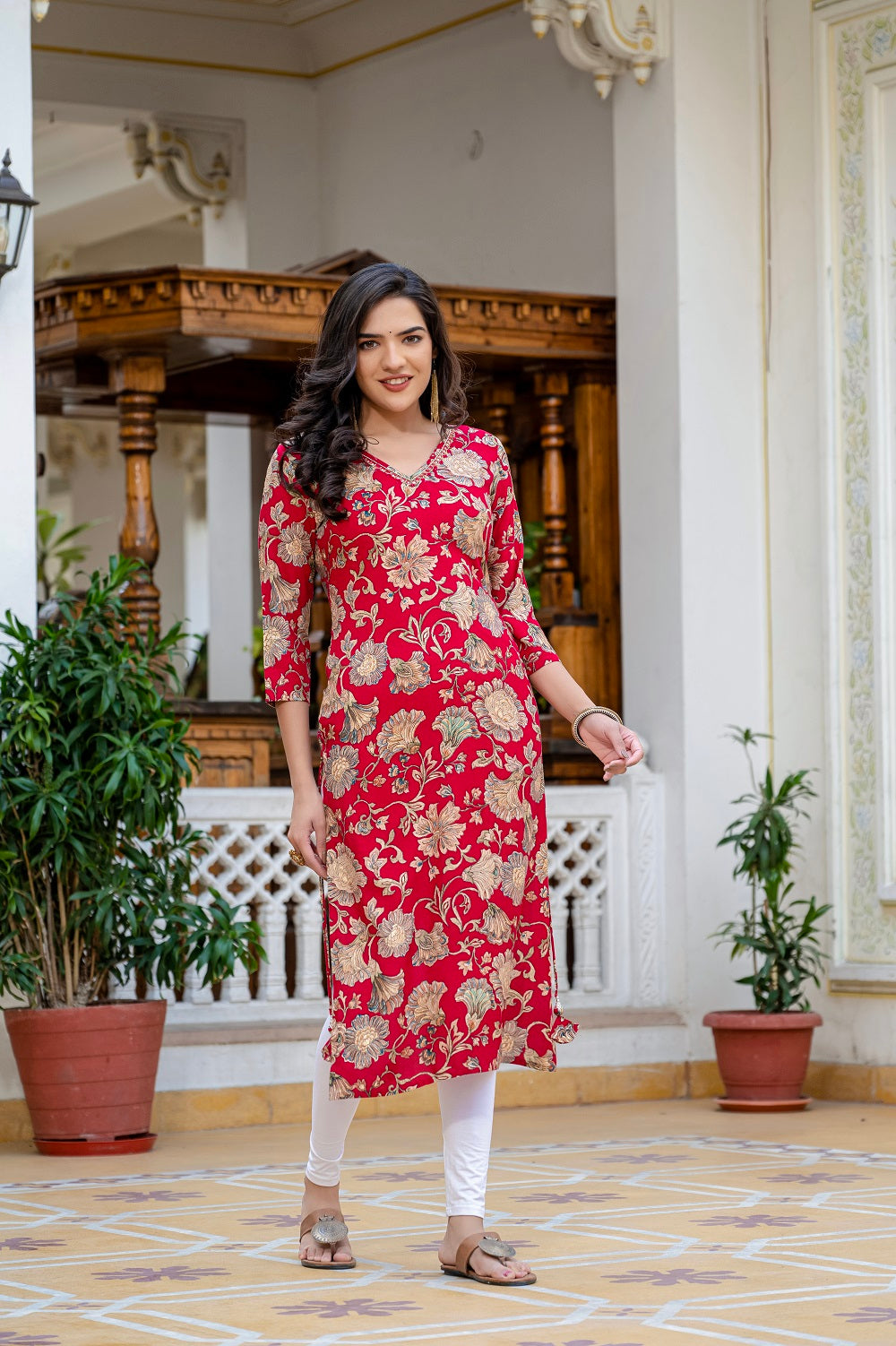 Red Printed Partyqueen Straight Cut Kurti