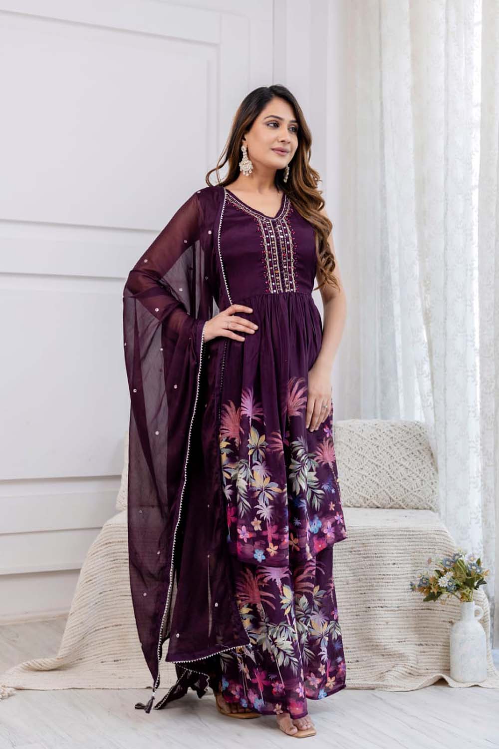 Kaira Dark Wine Partyqueen Poplon Kurti Plazo Dupatta Set