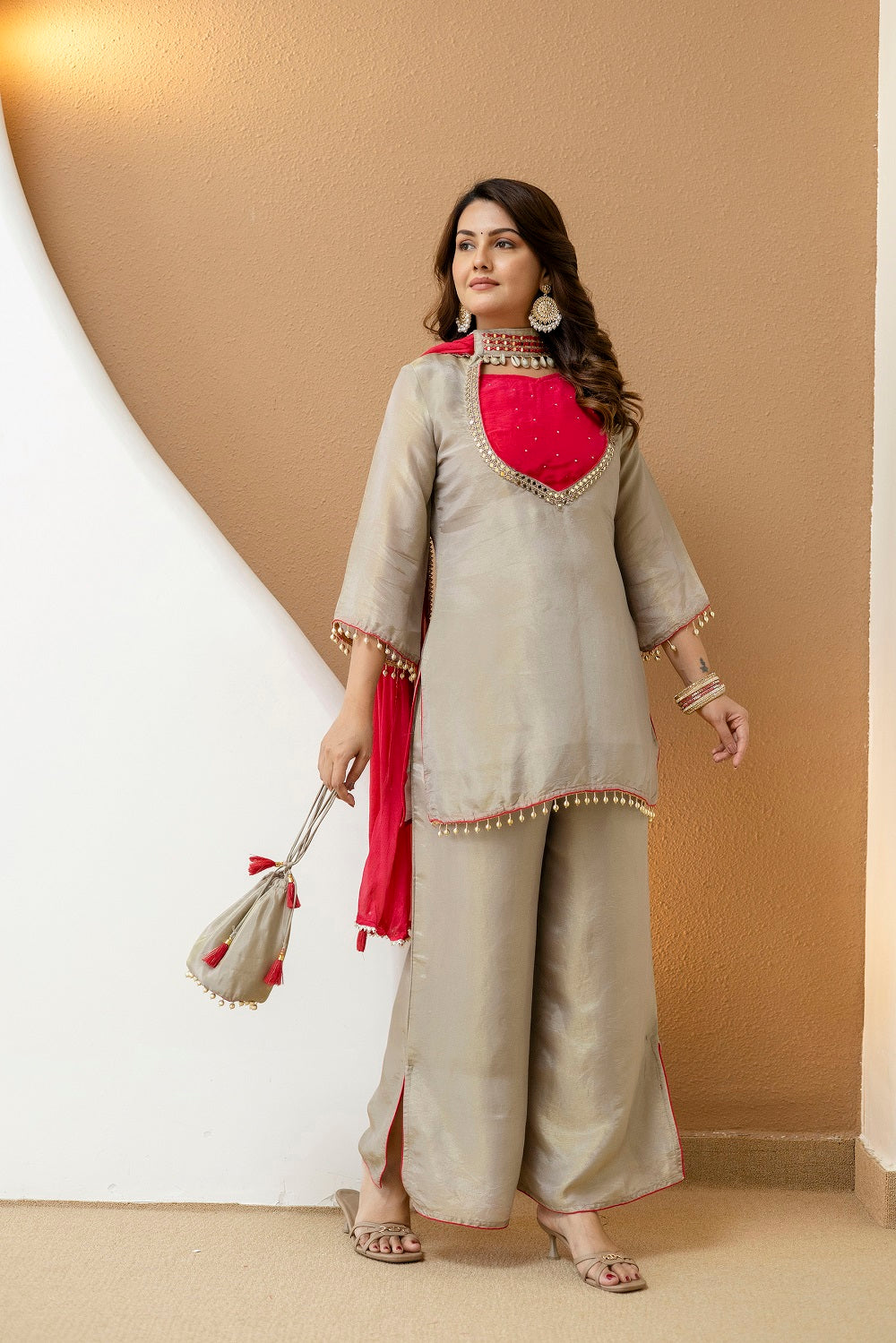 Grey Shimmer Plazo Kurti 3 Pieces Set