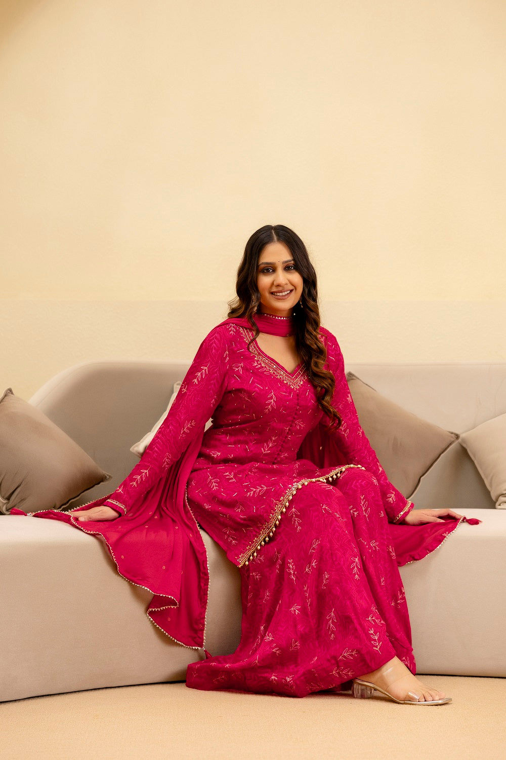 Dark Pink Chinon Short Kurti 3 Pieces Set