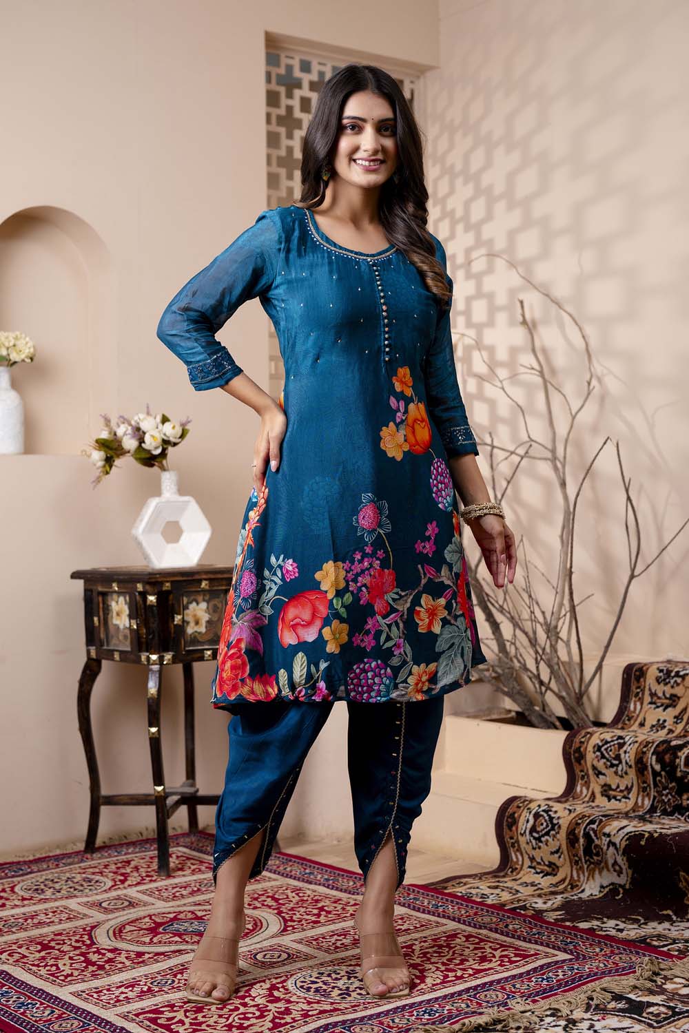 Kaira Partyqueen Till Blue Kurti Dhoti With Dupatta Set