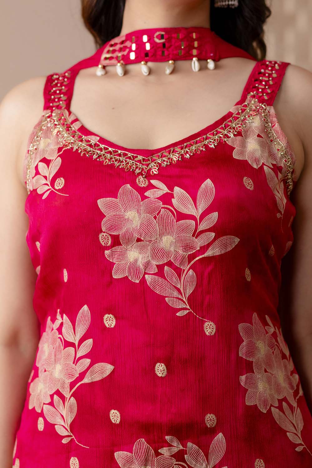 M Pink Chinon Strap Kurti 3 Pieces Set