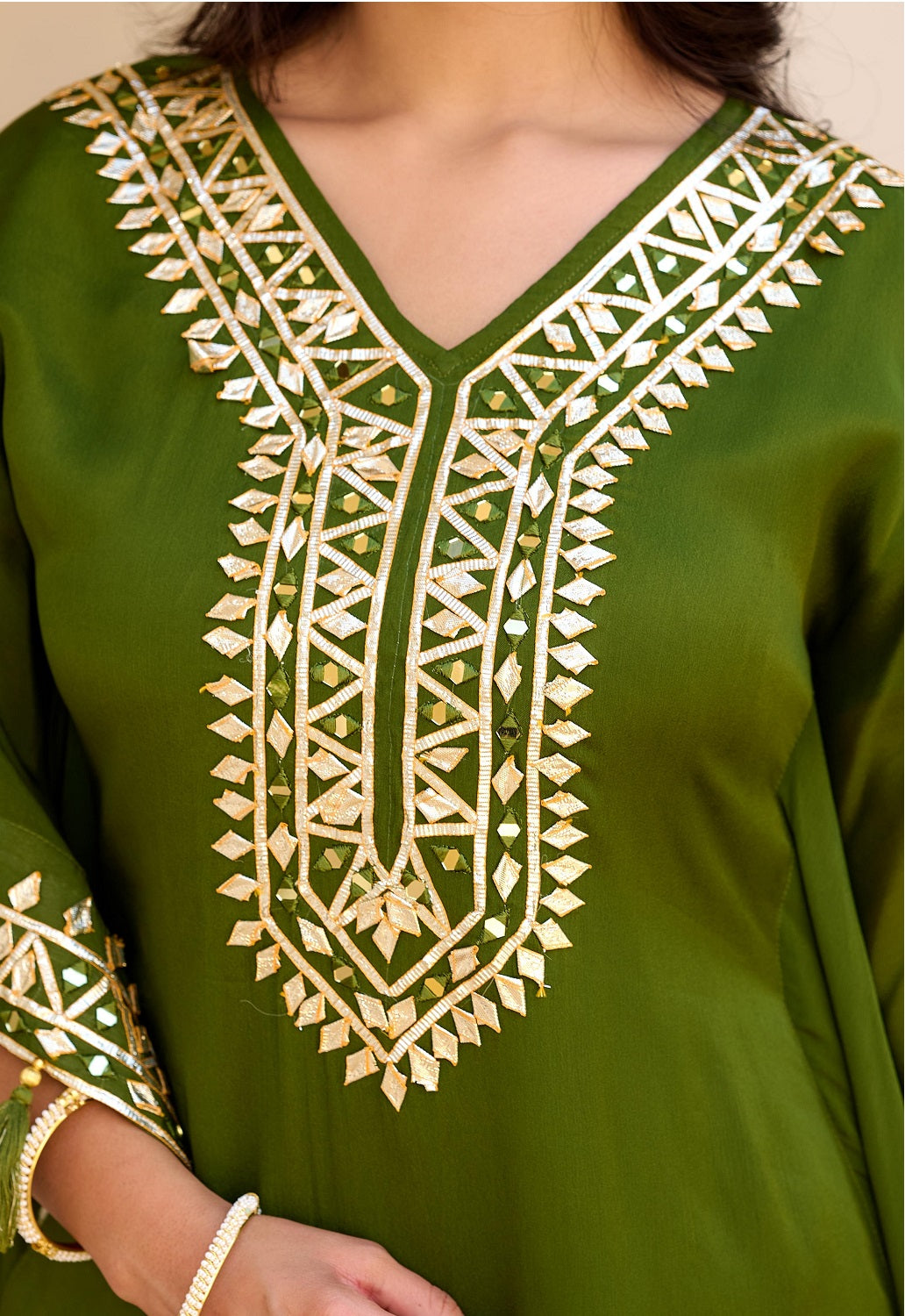 Mahendi Green Chinon Kaftan 3 Pieces Set