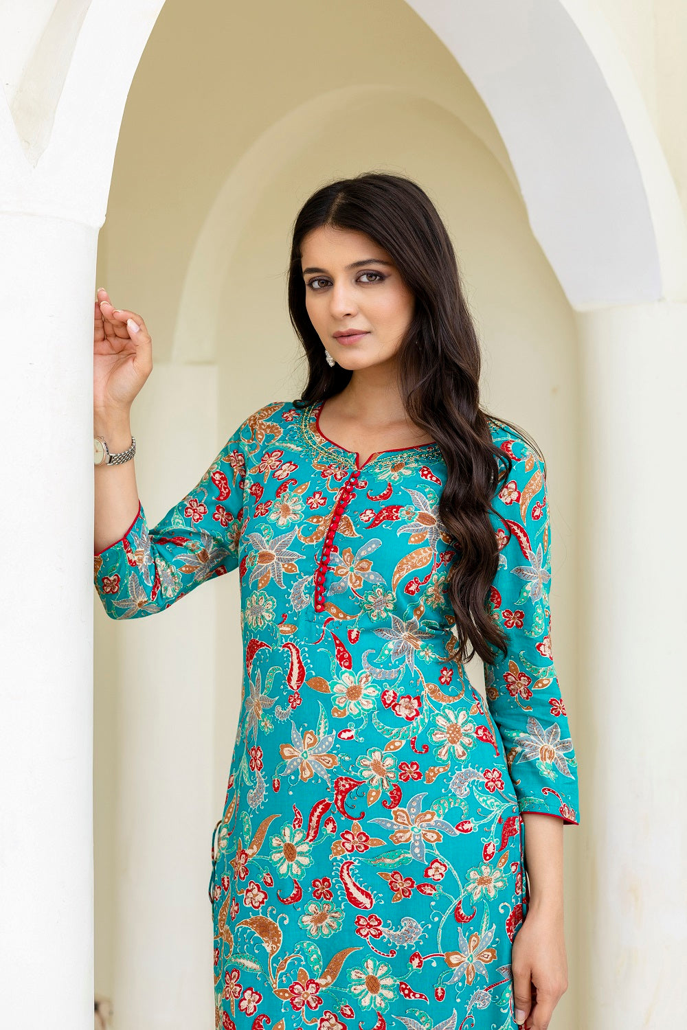 Rama Green Rayon Printed Straight Kurti