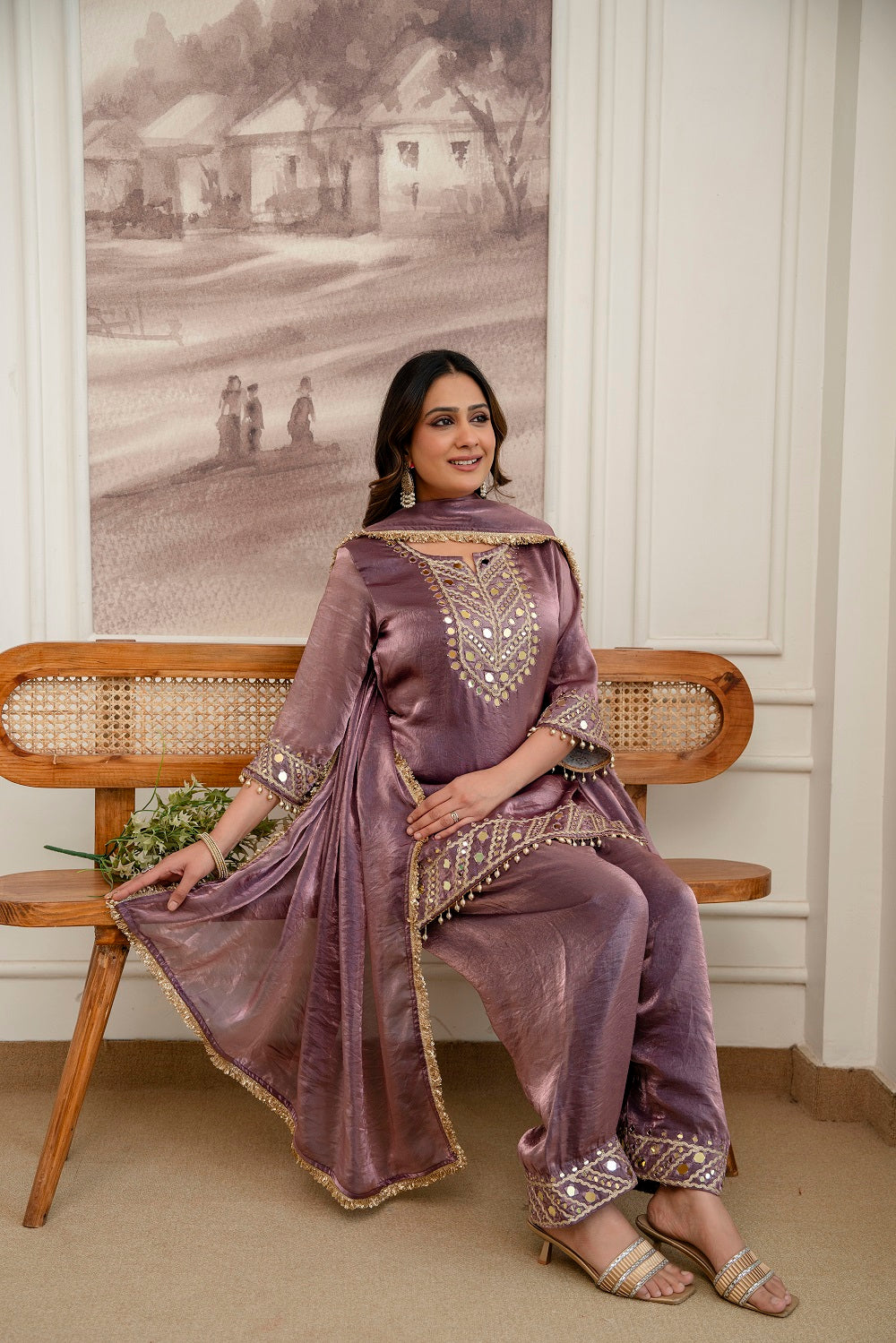 Wine Glass Tissue Kurti Pant 3 Pieces Set