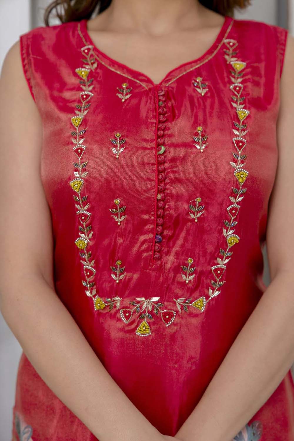 Kaira Bright Tomato Pink Poplon Kurti Plazo Dupatta Set