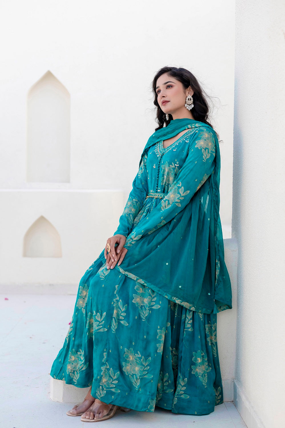 Rama Green Chinon Frock Kurti 3 Pieces Set