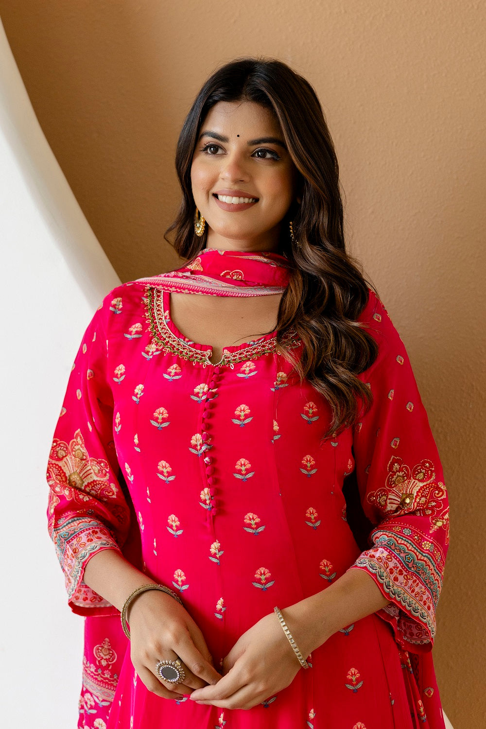 Rani Pink Crepe Frock Kurti 3 Pieces Set