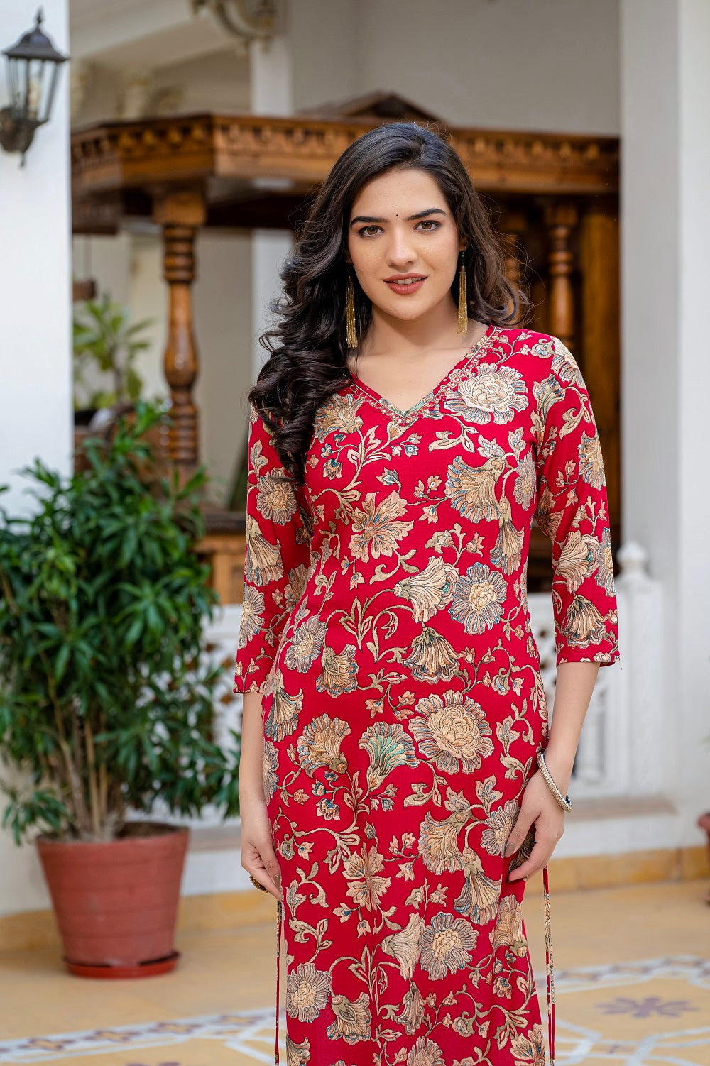 Red Printed Partyqueen Straight Cut Kurti