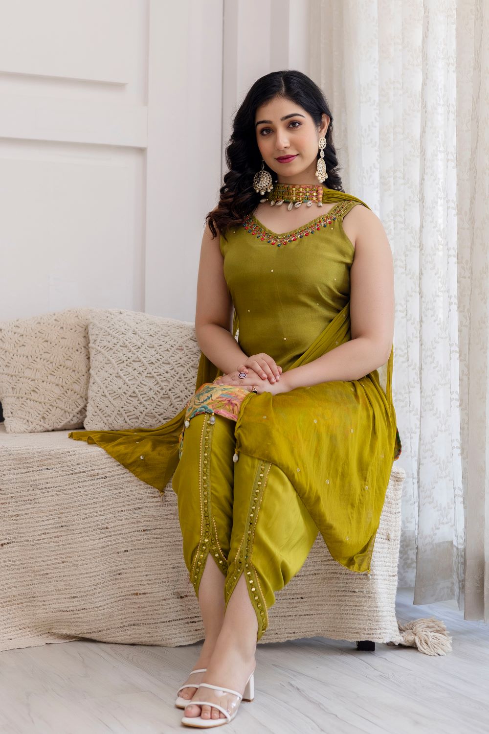 Light Green Shimmer Strap Kurti 3 Pieces Set