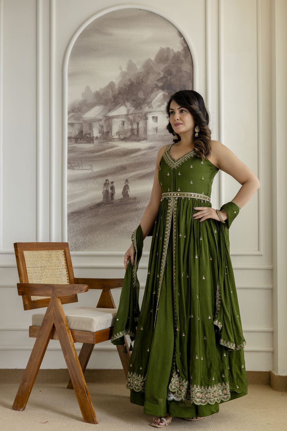 Mehandi Green Chinon Kurti 3 Pieces Set