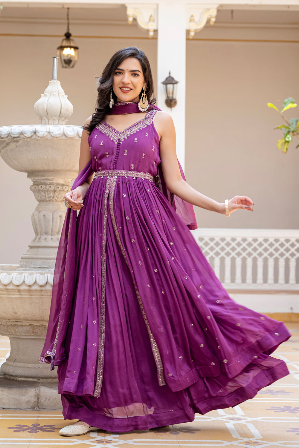 Violet Chinon Front Open Kurti 3 Pieces Set