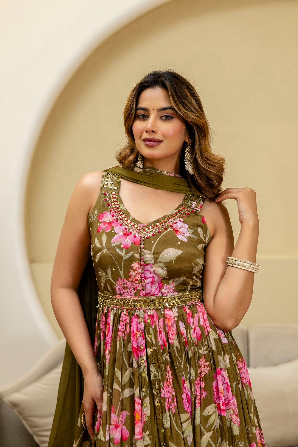 Mehandi Green Chinon Kurti 3 Pieces Set