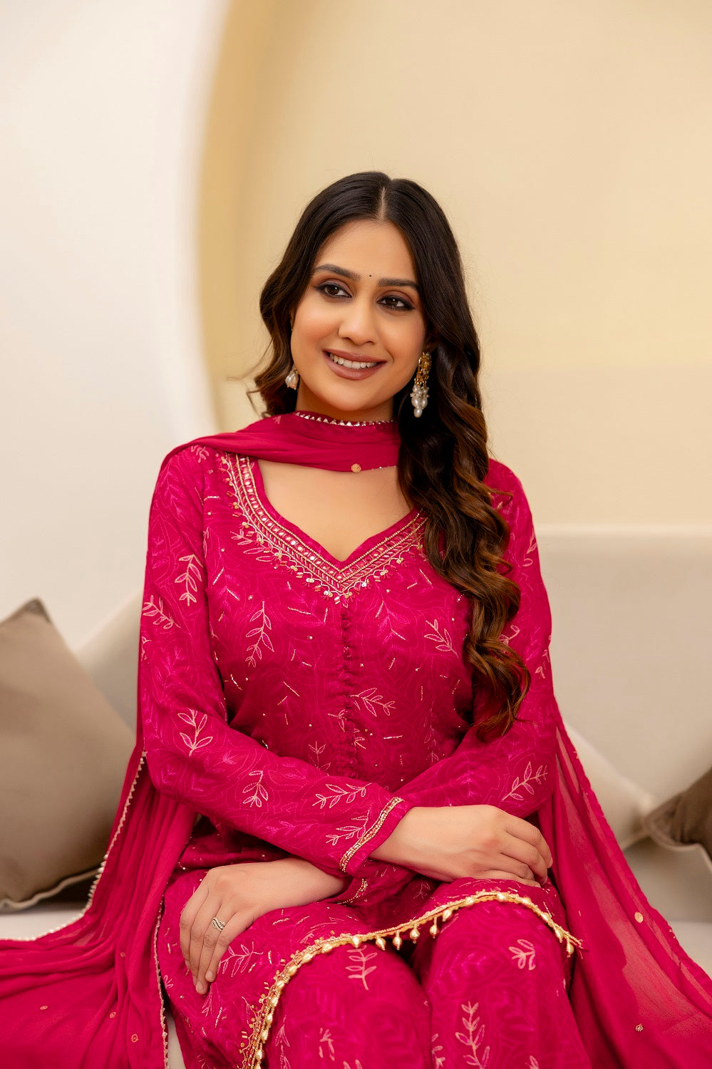 Dark Pink Chinon Short Kurti 3 Pieces Set