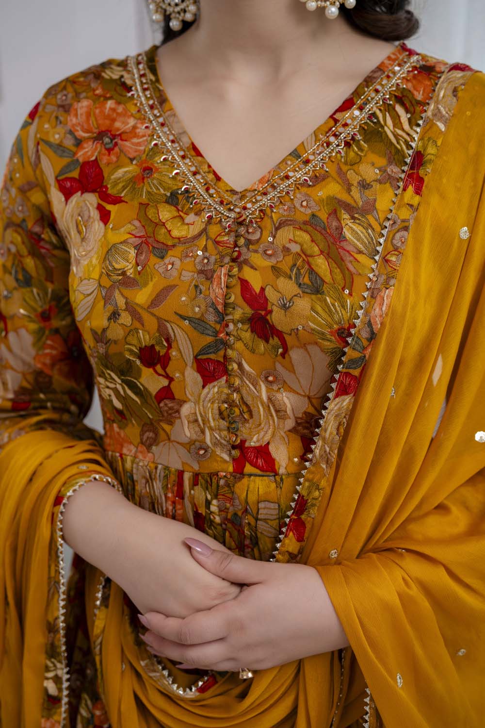 Mustard Chinon Naira Cut Kurti 3 Pieces Set