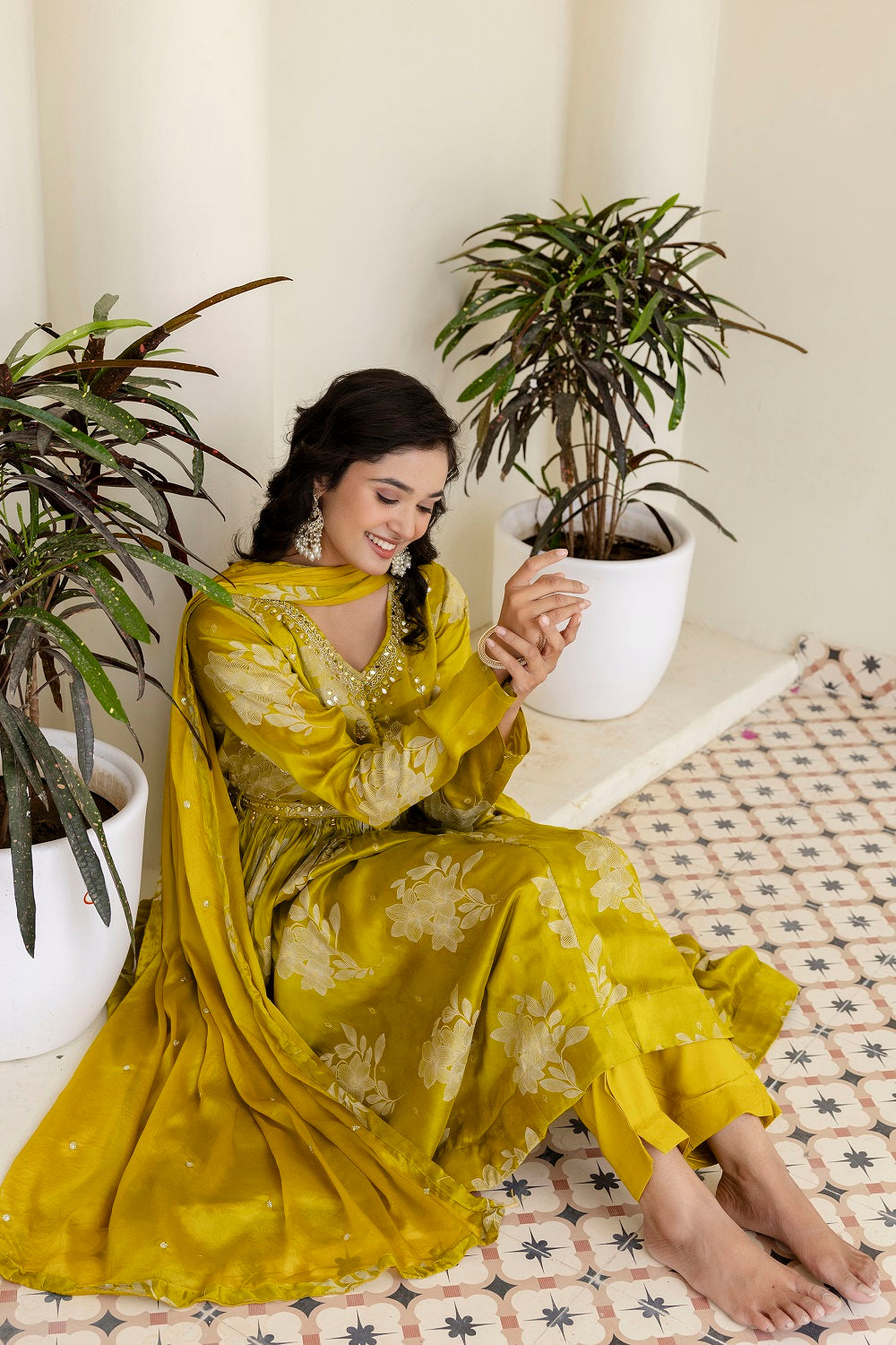 M Green Chinon Frock Kurti 3 Pieces Set