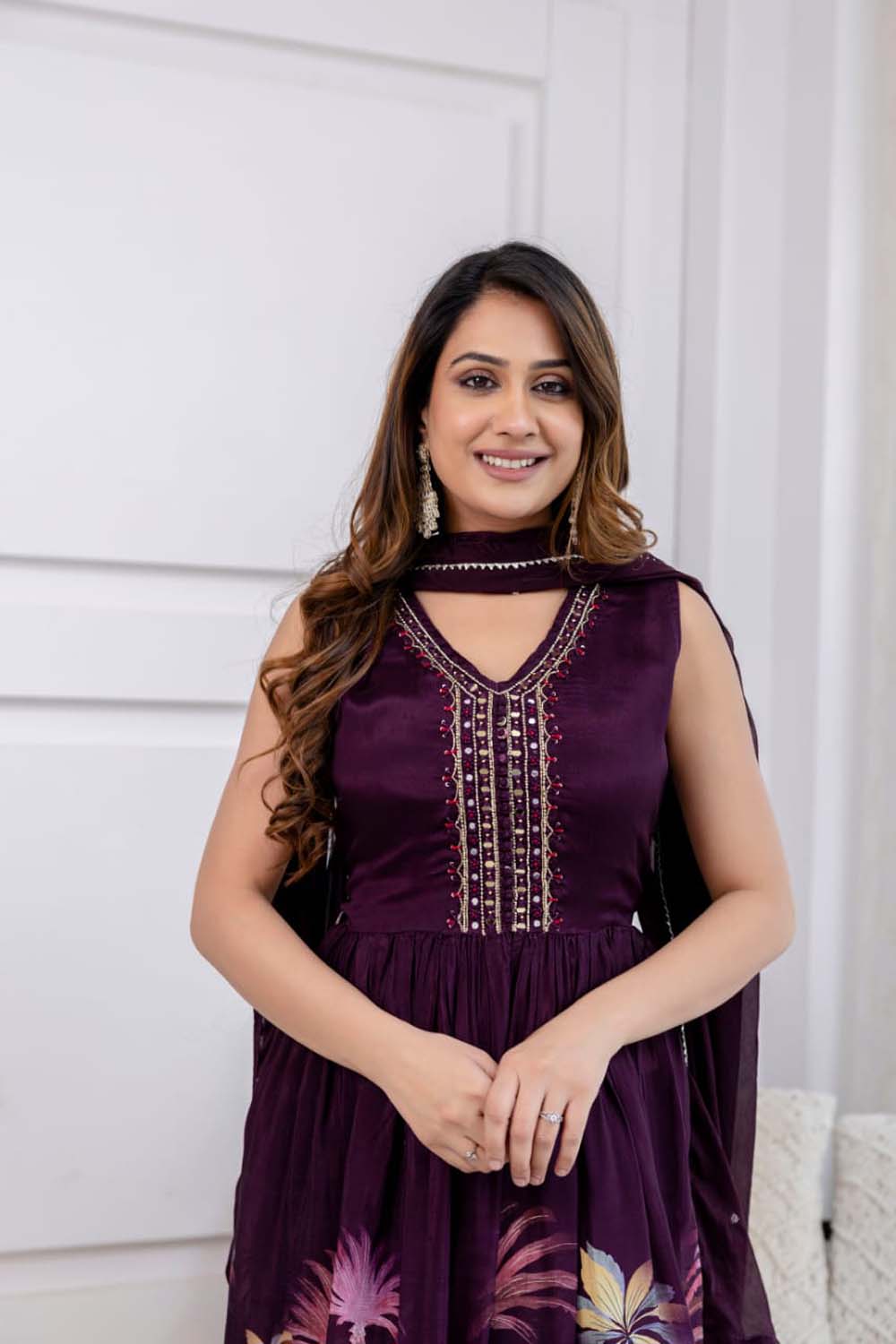 Kaira Dark Wine Partyqueen Poplon Kurti Plazo Dupatta Set