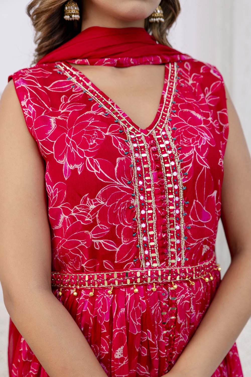 Rani Pink Pure Chinon Printed Poplon Kurti 3 Pieces Set