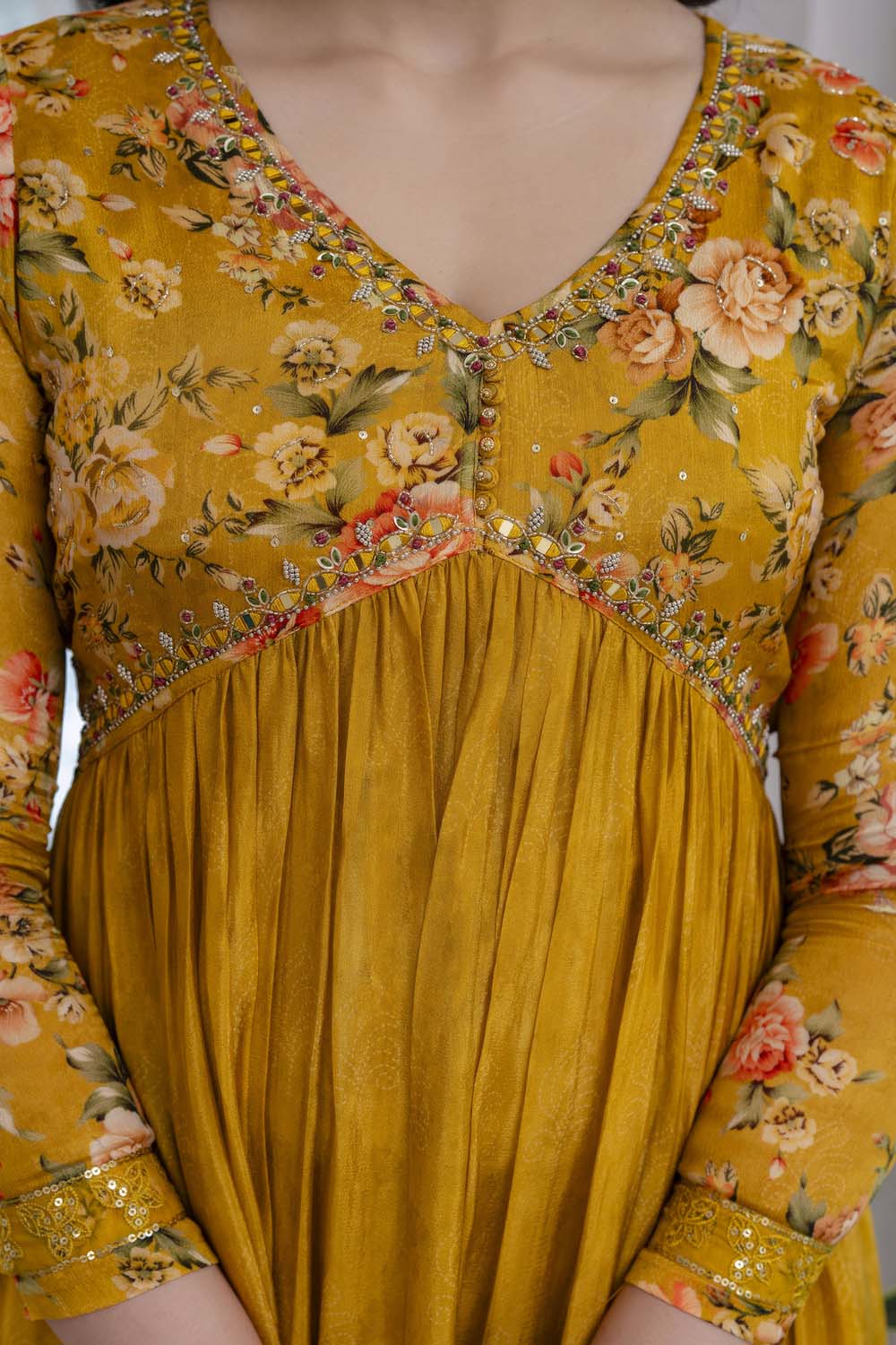 Mustard Chinon Aliya Cut Kurti 3 Pieces Set