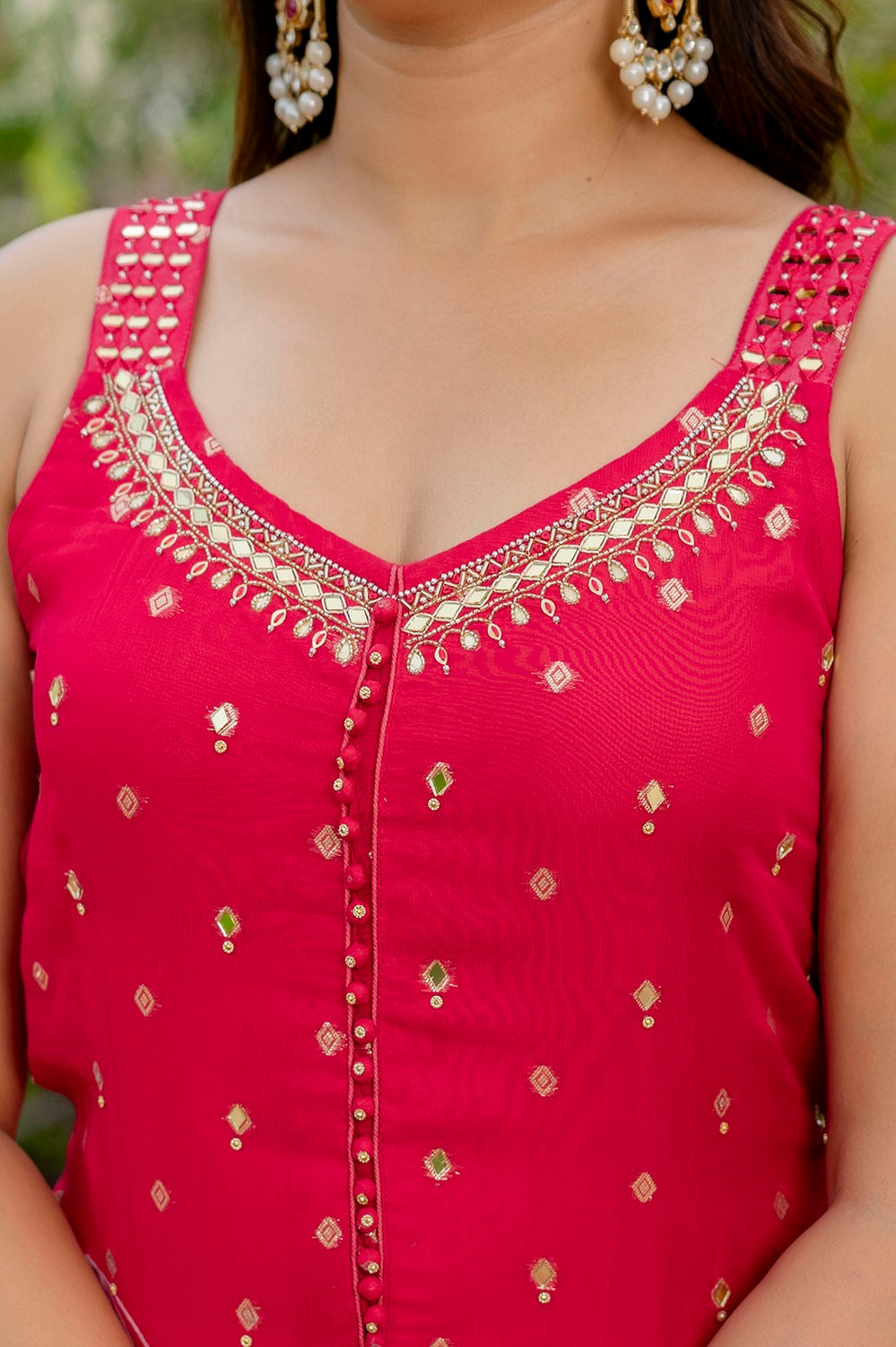 Rani Pink Organza Printed Kurti 3 Pieces Set