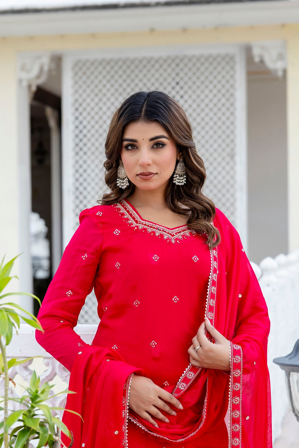 Rani Pink Chinon Skirt Kurti 3 Pieces Set