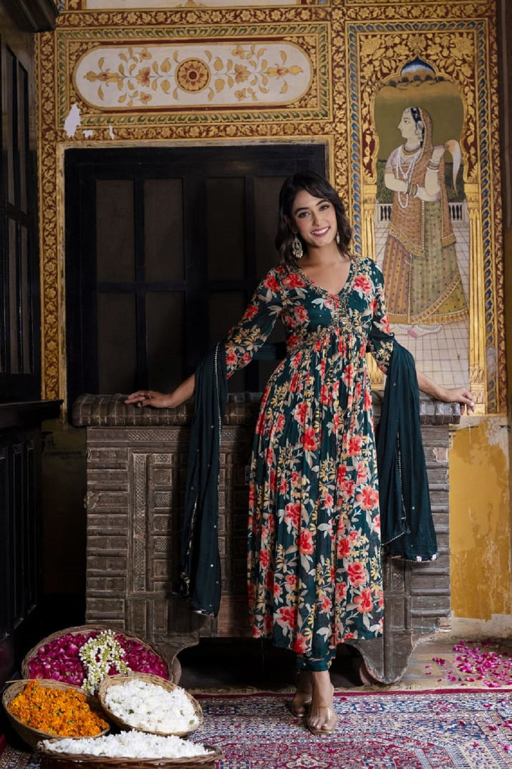 Bottle Green Chinon Aliya Cut Kurti 3 Pieces Set