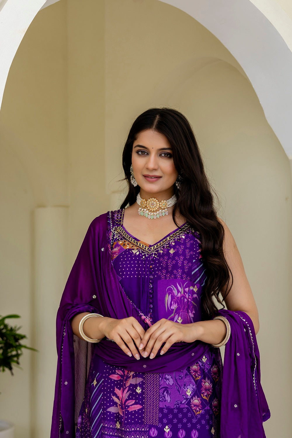 Purple Chinon Skirt Kurti 3 Pieces Set
