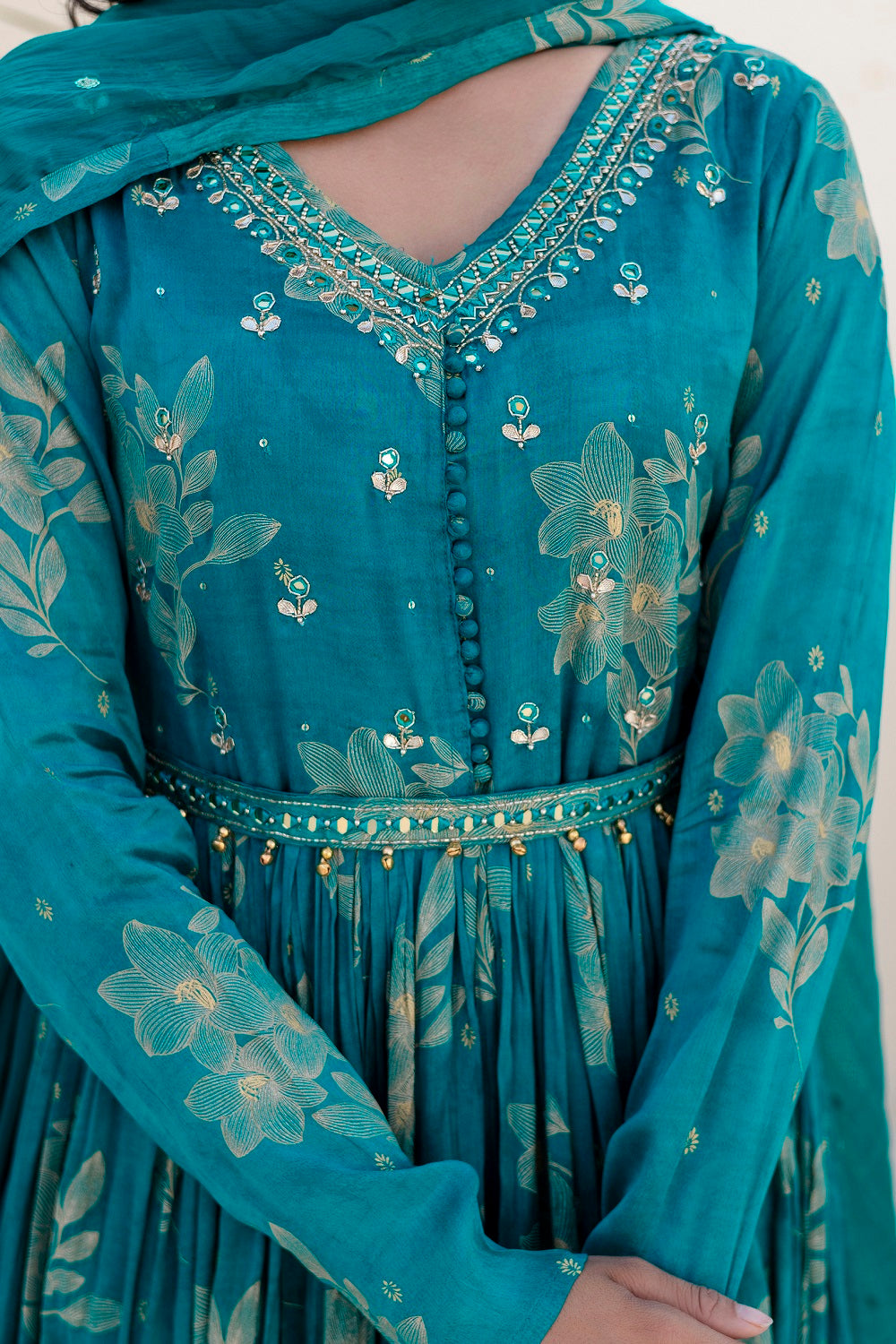Rama Green Chinon Frock Kurti 3 Pieces Set