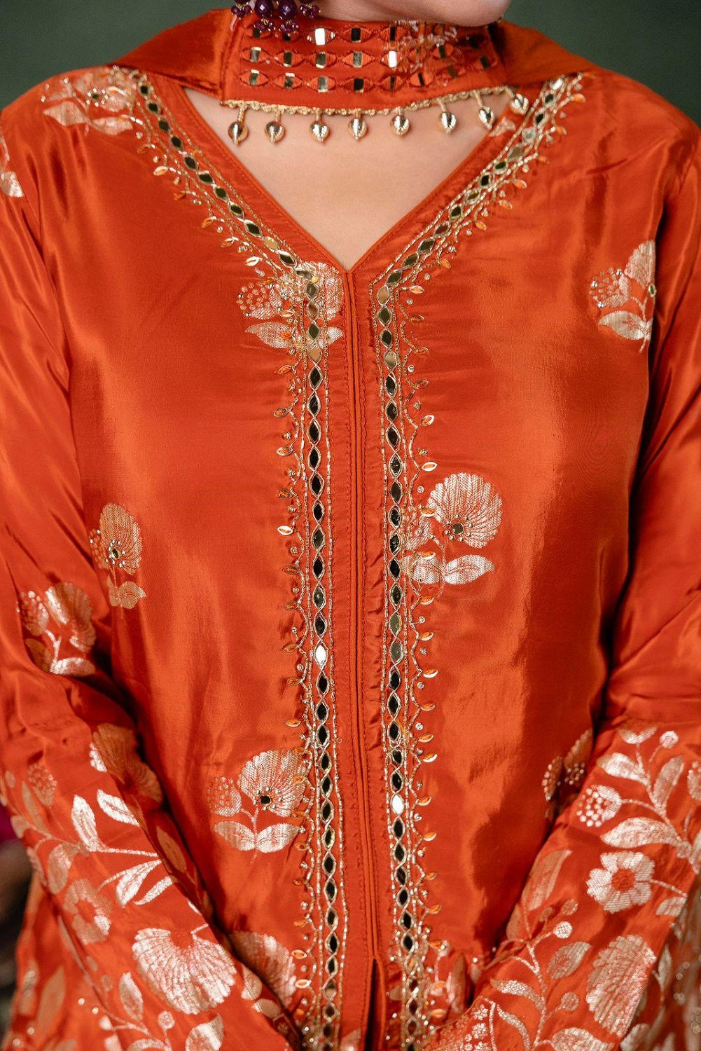 Rust Chinon Partyqueen Kurti Skirt 3 Pieces Set