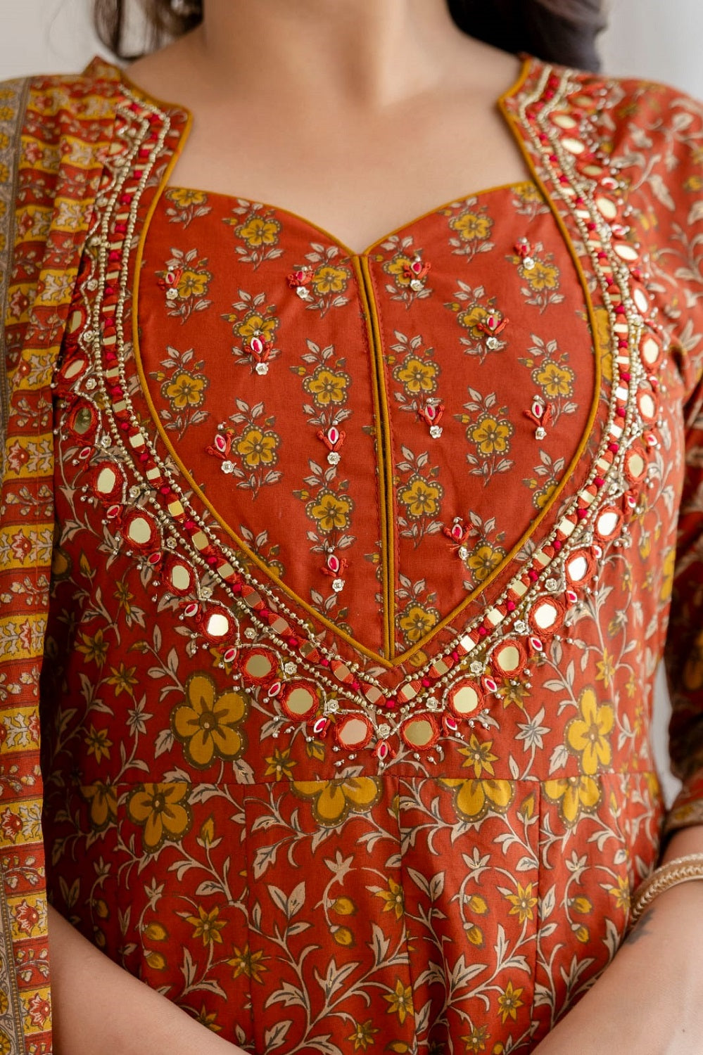 Rust Cotton Kurti Frock 3 Pieces Set