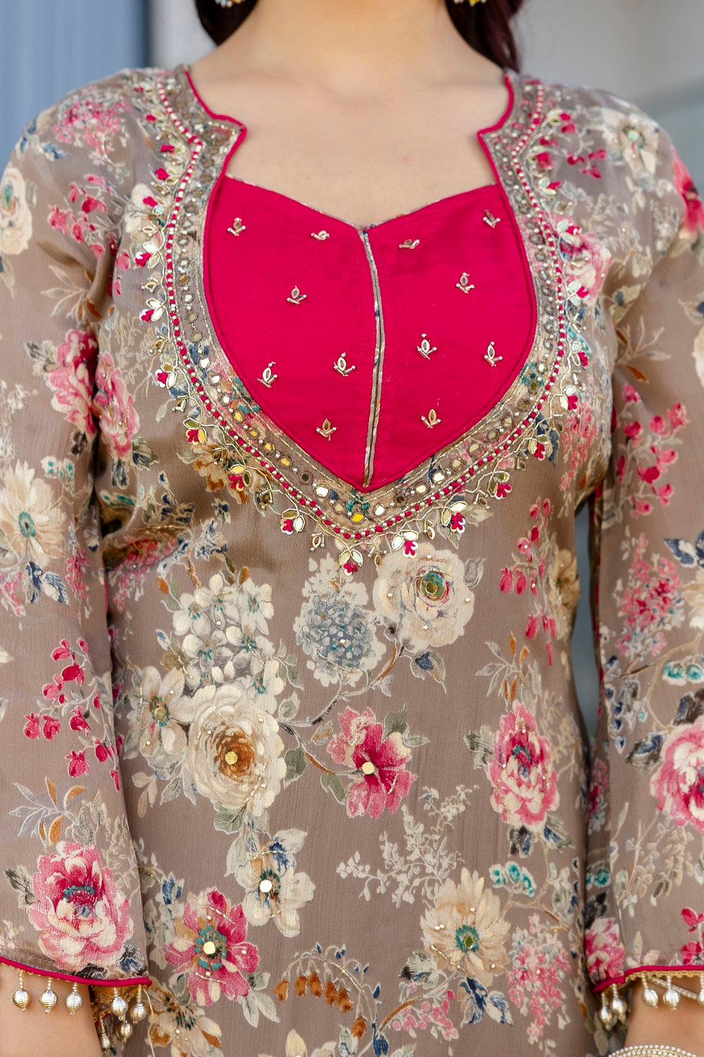 Brown Chinon Garara Kurti 3 Pieces Set