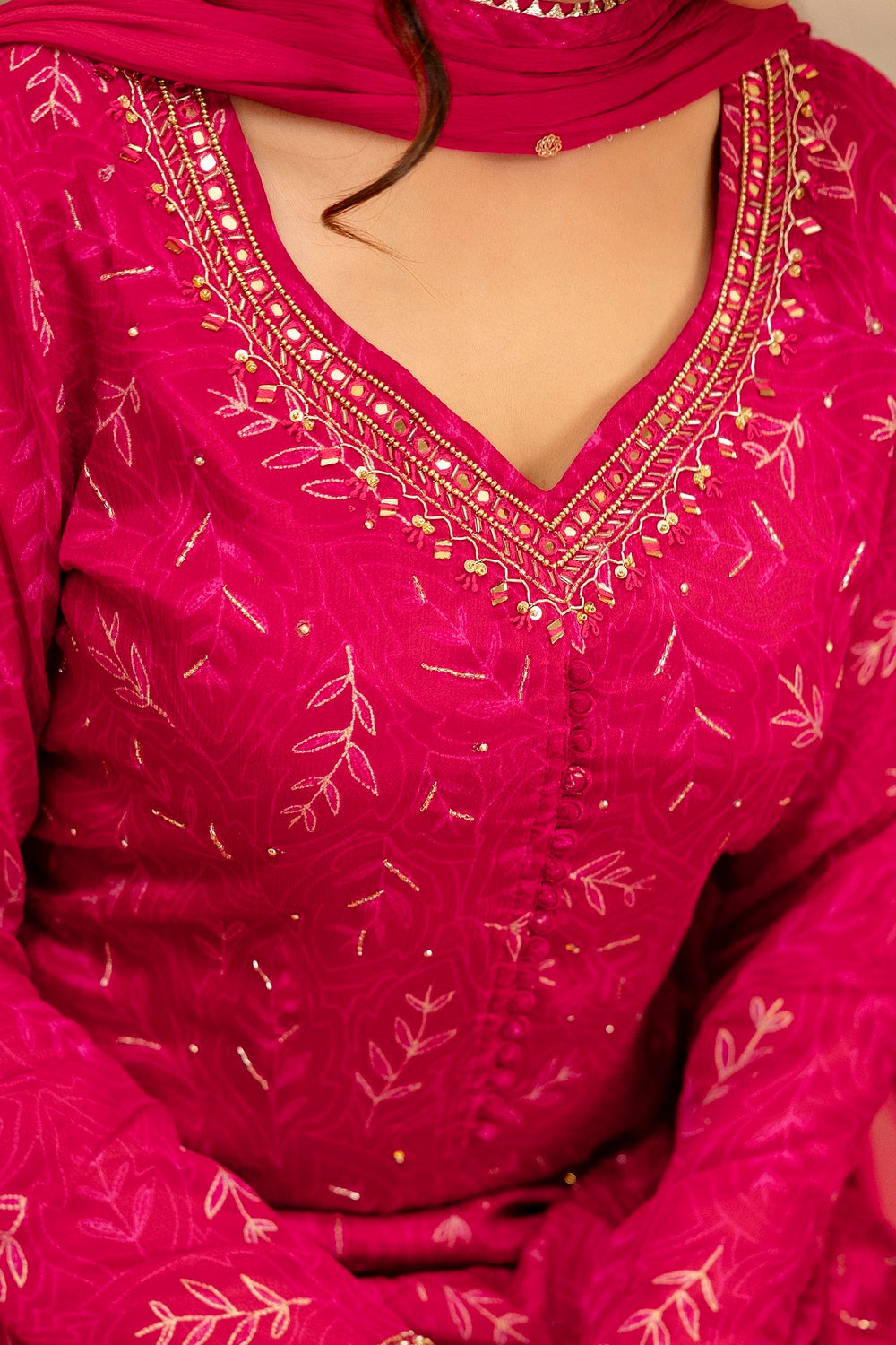 Dark Pink Chinon Short Kurti 3 Pieces Set