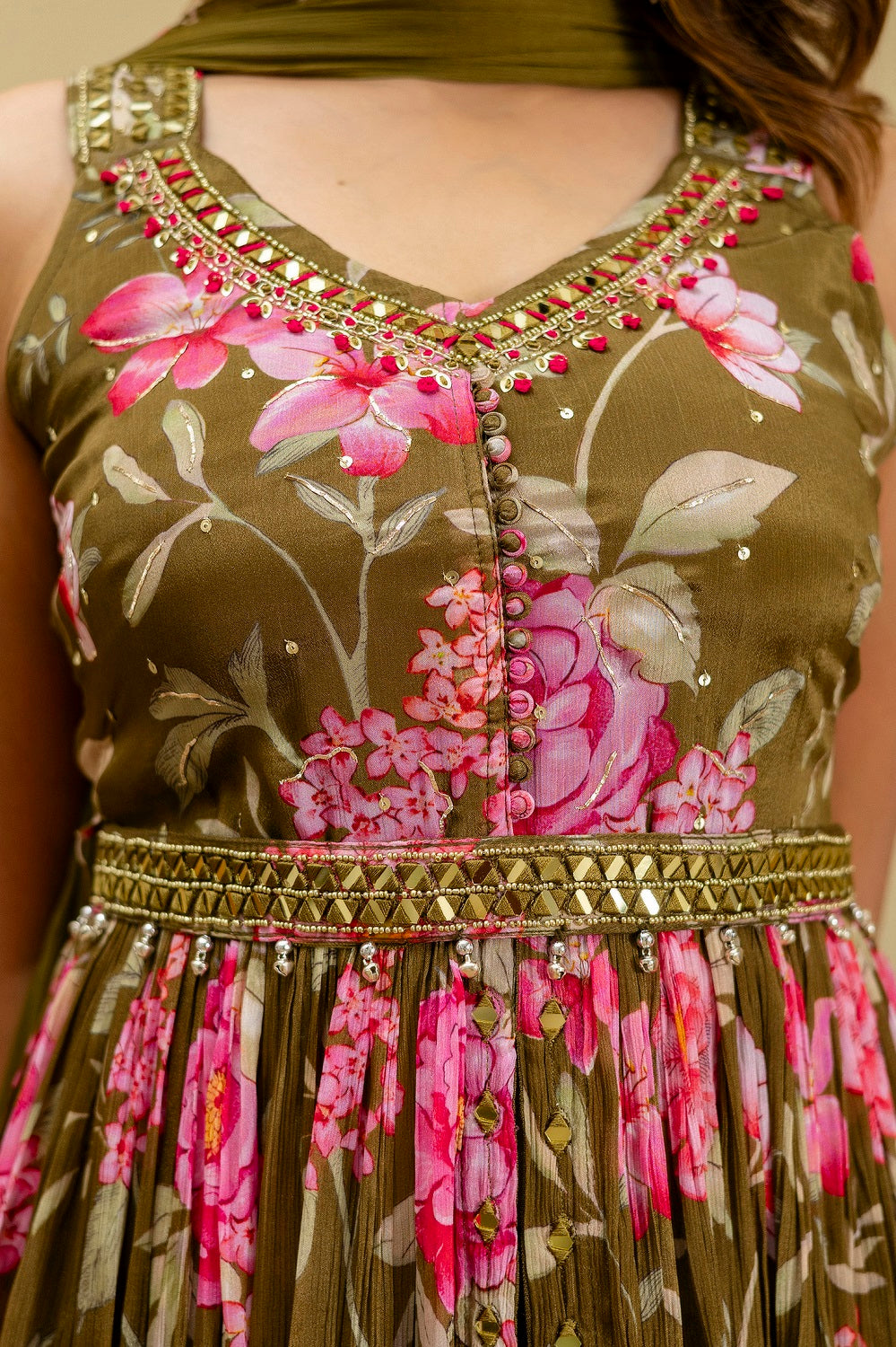 Mehandi Green Chinon Kurti 3 Pieces Set