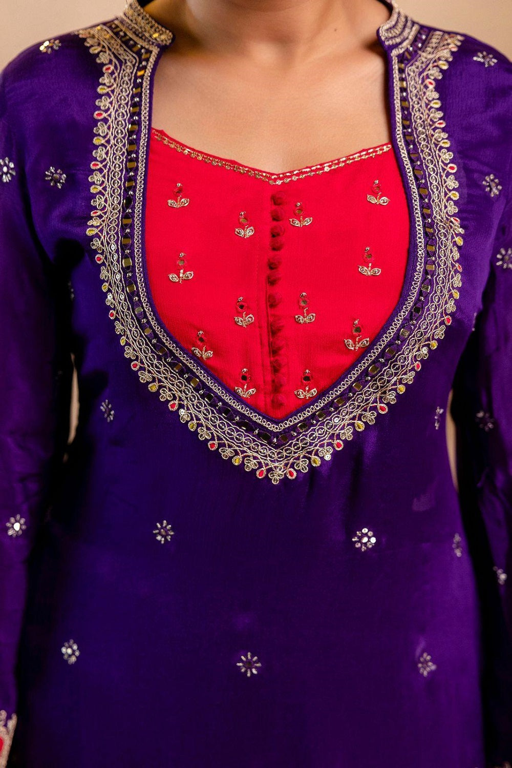 Violet Chinon Kurti Plazo 3 Pieces Set