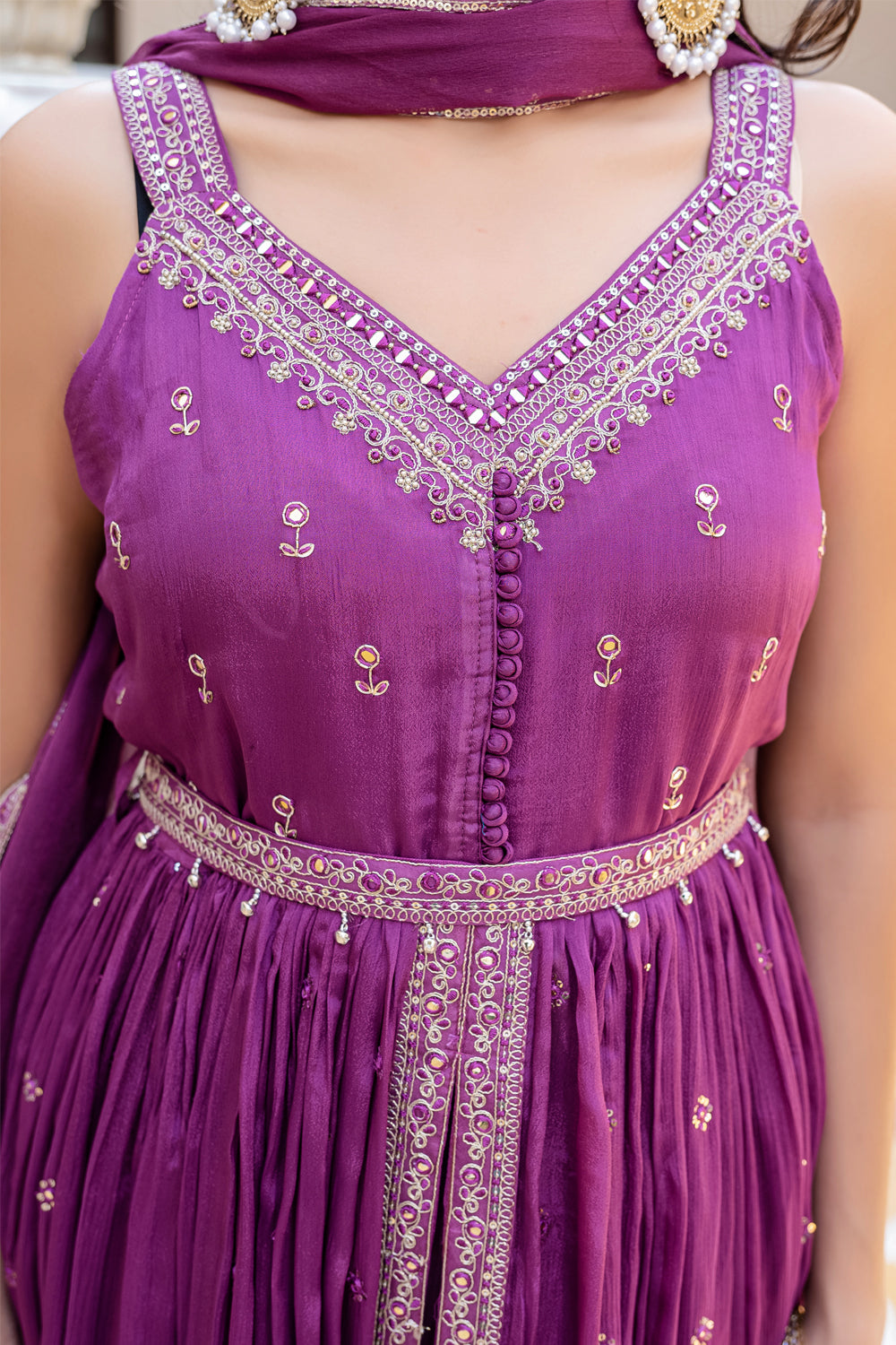 Violet Chinon Front Open Kurti 3 Pieces Set