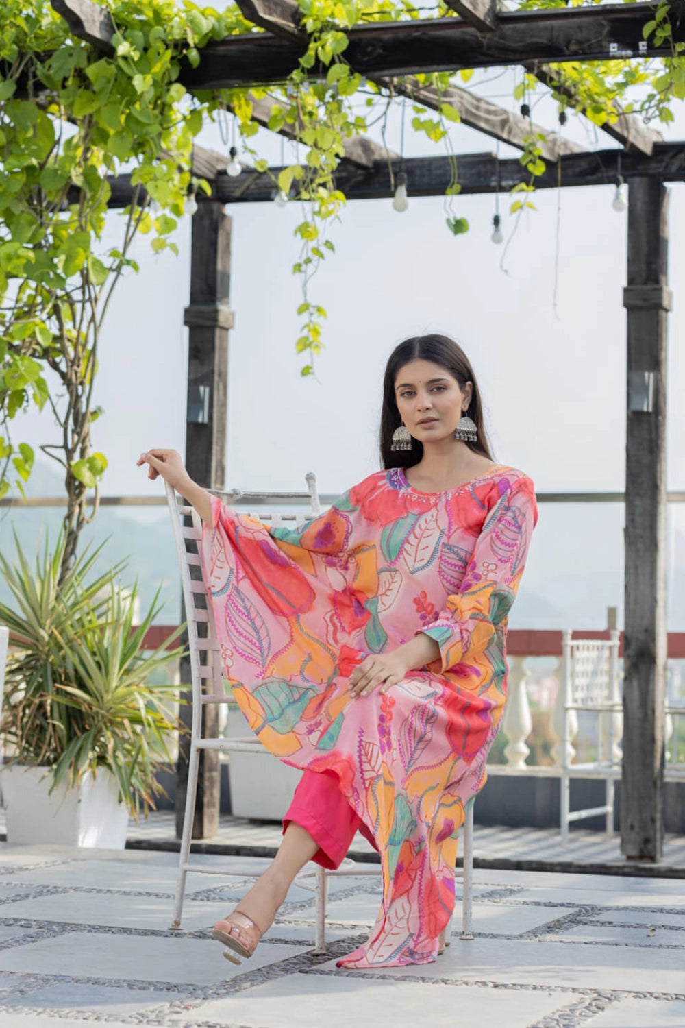 Peach Muslin Printed Kurti 2 Pieces Set