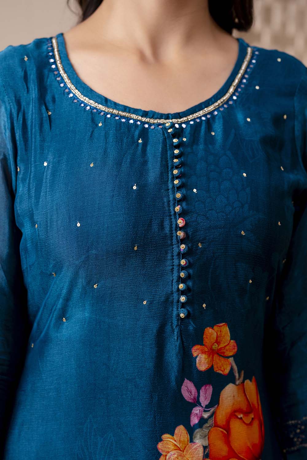 Teal Blue Chinon Kurti 3 Pieces Set