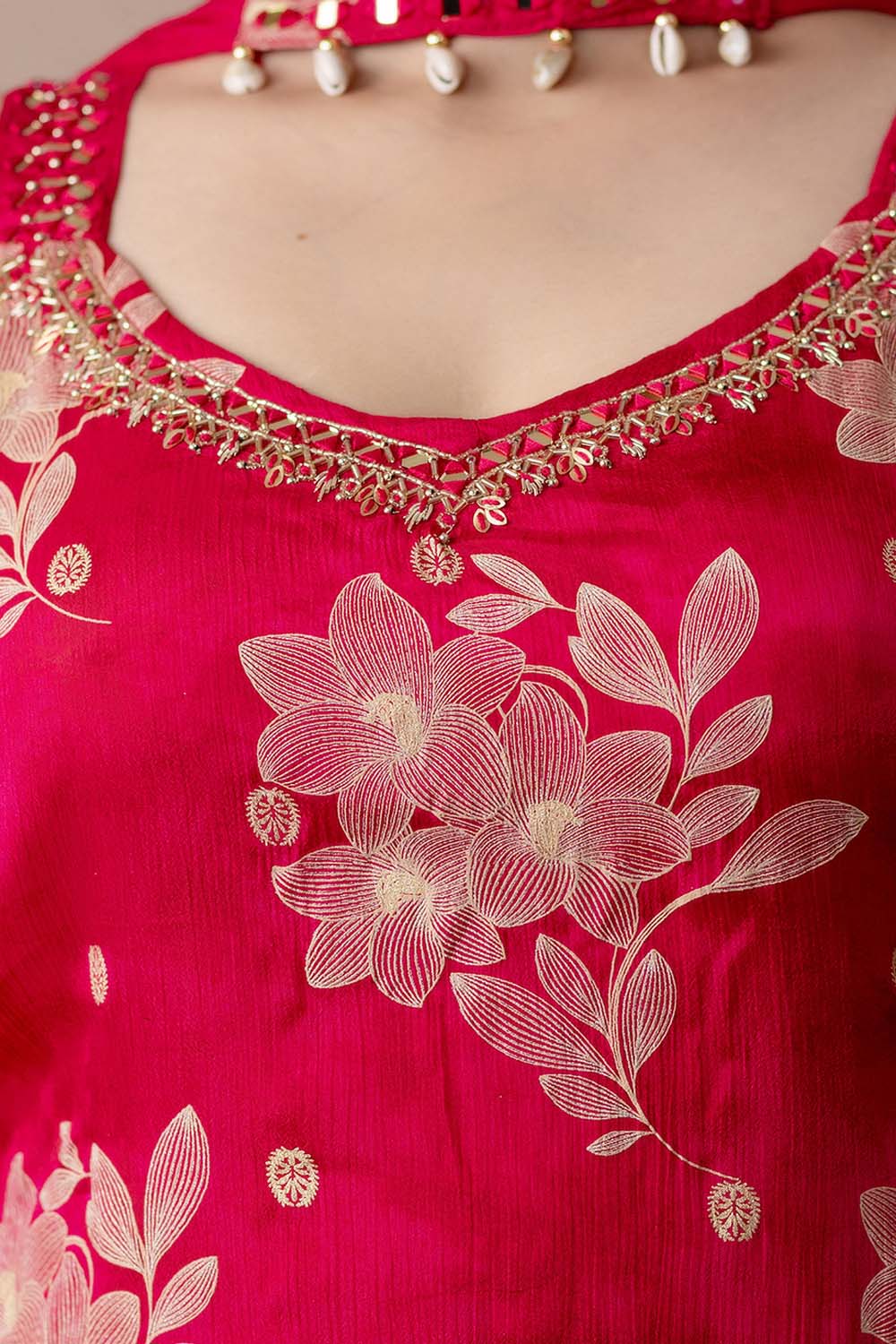 M Pink Chinon Strap Kurti 3 Pieces Set