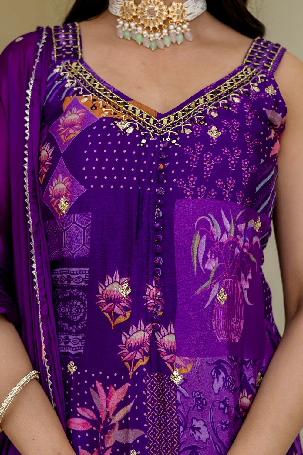 Purple Chinon Skirt Kurti 3 Pieces Set