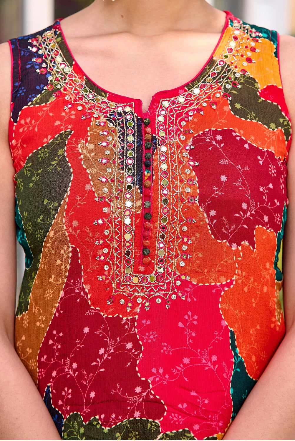 Multi Color Chinon Short Kurti 3 Pieces Set