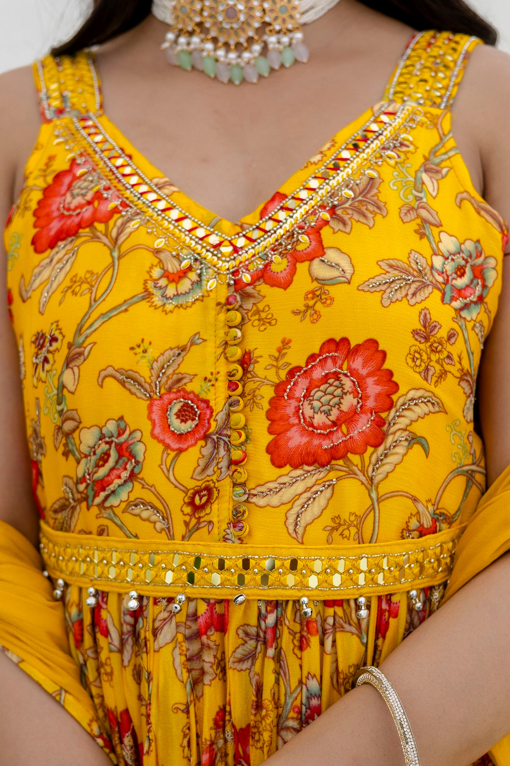Yellow Chinon Frock Kurti 3 Pieces Set