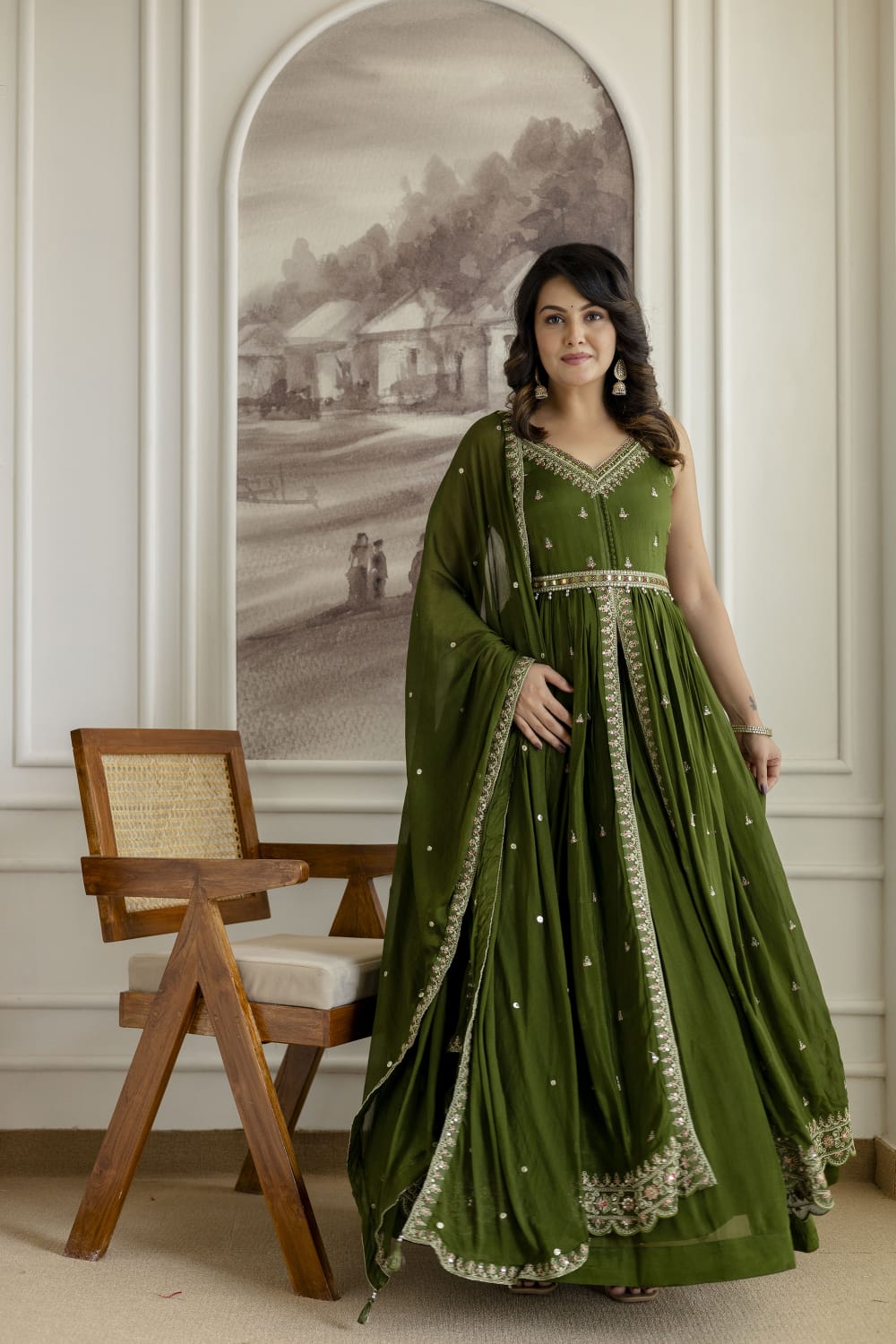 Mehandi Green Chinon Kurti 3 Pieces Set