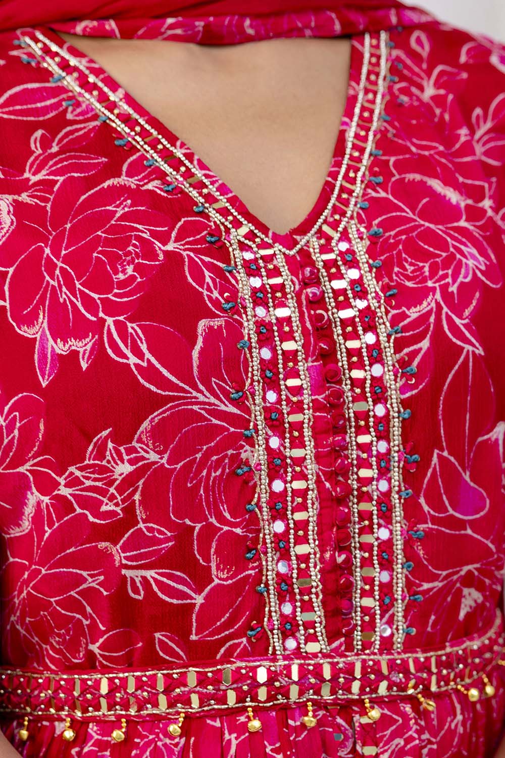 Rani Pink Pure Chinon Printed Poplon Kurti 3 Pieces Set